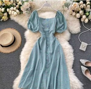 Blue Plaid Puff Sleeve Midi Dress