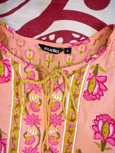 Zudio Floral Printed Tie Up Neck Pastel Top Ethnic