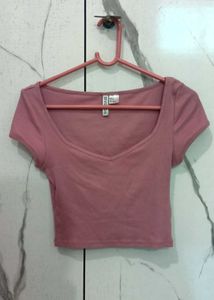 Pink Ribbed V-Neck Crop Top