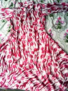 Stylish Maroon & White High- Low Flared Shirt Dres
