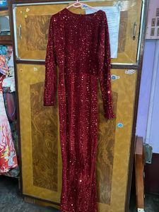 Velvet Red Sequin Evening Gown For Party