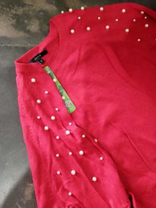 Red Sami Winter Top With Pearl Design