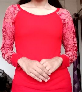 Red Top with Lace Sleeves