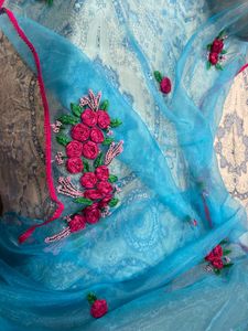 Blue Organza Saree with Floral Embroidery