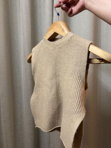 Beige Side Open Crop Sweater