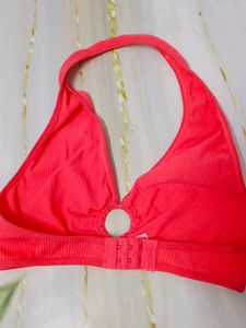 (1013)Bright Pink Ring Detail Halter Bikini Top