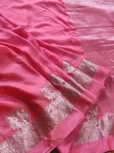 peach Pink Silk Saree With silver detailing