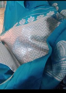 Teal &amp; White Printed Fabric Saree