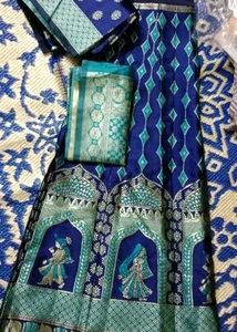 Navy Blue and Turquoise Banarasi Silk Work Lehnega