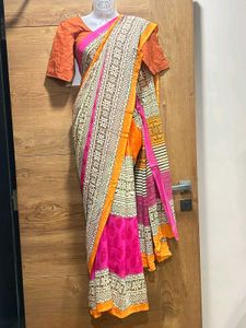 Multicolor Print silk Saree with Contras