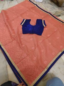 Peach Saree with Blue Blouse 💕