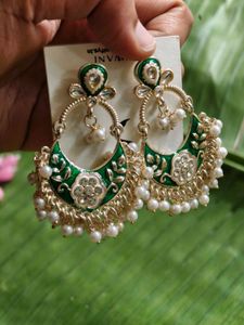 Green &amp; Pearl Chandbali Earrings