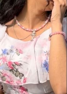 Rose Quartz &amp; Pearl Ballet Bow Necklace