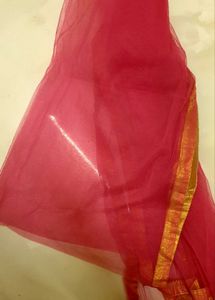 Pink Net Dupatta With Golden Border