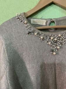 silver sweater with pearl and beaded embellishment