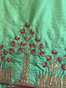 Green And Red Embroidered Tissue Saree