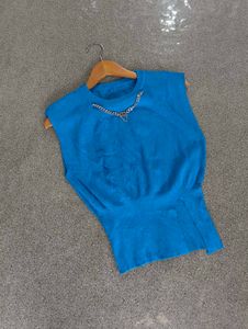 Blue Ribbed Knit Top