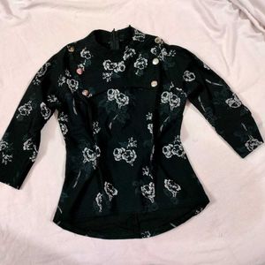Floral Print Button-Down Black Top