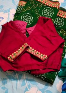Green Bandhej With Maroon Designer Blouse.