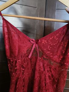 Women Red Satin Lace Nighty With Robe