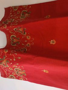 Red Colour Cotton Silk Kurti Golden Thread Work
