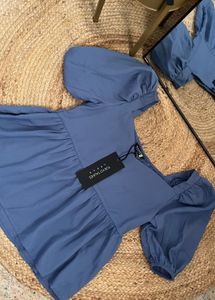 Puff Sleeves Solid Blue Top