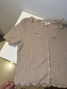 Beige Smocked Button Up Shirt