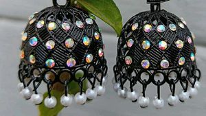 Black Jhumka Earrings with Rhinestones