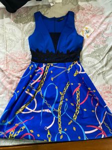 Classic Solid Blue Printed Mini Flare Dress
