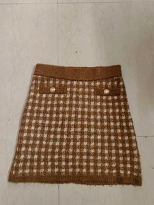 Korean Style Brown And White Checked Skirt