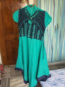 Green &amp; Navy Dress with Waist Tie