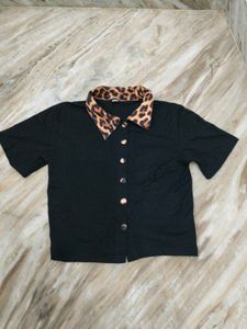 Black Button-Down Top w/ Leopard Collar