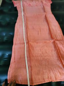 Peach Embroidered Silk Kurti Work On Yoke