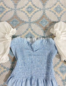 Blue Smocked Off-Shoulder Top