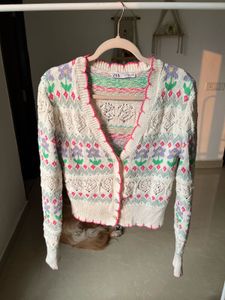 Zara Floral Jacquard Embroidered Knit Cardigan