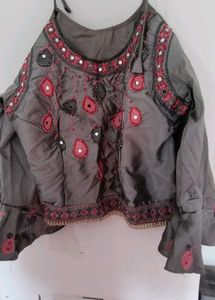 Grey Embroidered Ethnic Top &amp; Dupatta