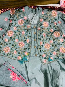 Grey Floral Embroidered Anarkali Suit Set