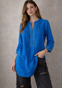 Blue Solid Cotton Kurti – Size S (with freebie)