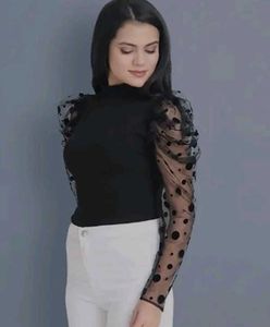 Elegant Black Top with Sheer Polka Dot Puff Sleeve