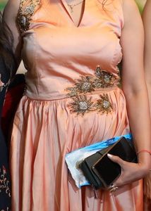 Peach Color Organza Tissue Gown with Smart Work