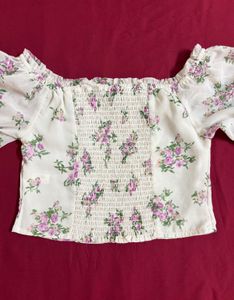 Beige Off Shoulder Floral Top