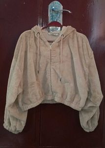 drop shoulder Fuzzy Cropped Hoodie