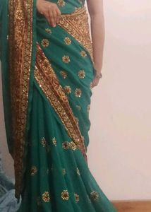 Green Saree with Floral Embroidery &amp; Blouse