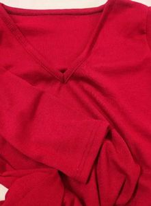 Red V-Neck Ribbed Knit Top