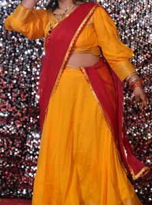 Aakarshna Handmade Crepe Lehenga set| Yellow &amp; Pin