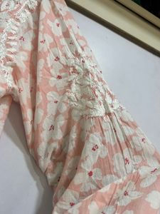 Peach Floral Printed Chikankari Embroidered Kurta