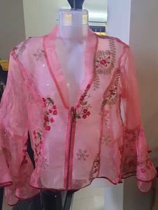Diwali Pink Organza Embroidered Zipped Coat