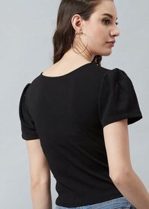 Black Knotted Top With Puff Sleeves