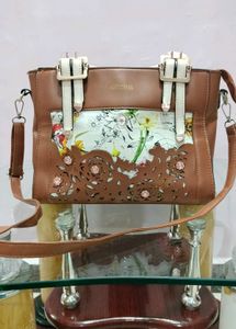 Floral-Accented Brown Satchel