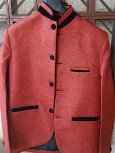 Red Herringbone Blazer - Mandarin Collar